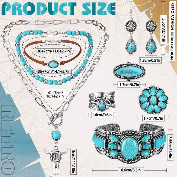 Bohemian Western Jewelry Turquoise Set Women Bohemian Pendant Long Choker Layere - Picture 3 of 5